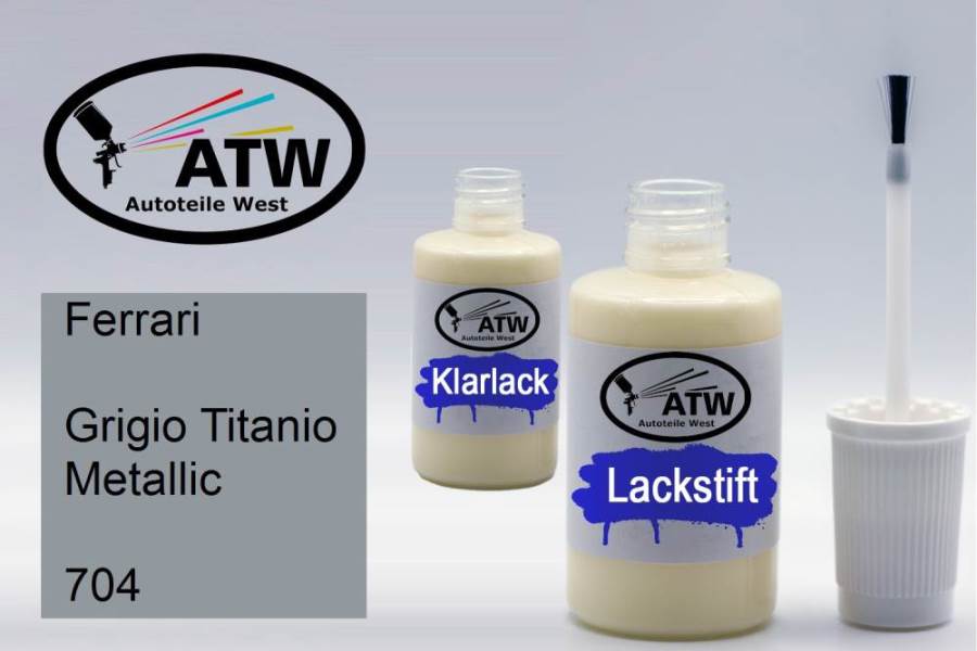 Ferrari, Grigio Titanio Metallic, 704: 20ml Lackstift + 20ml Klarlack - Set, von ATW Autoteile West.